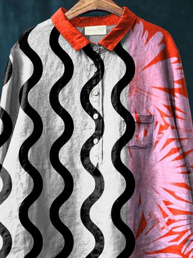 Contemporary Art Pattern Printed Women's Casual Cotton And Linen Shirt