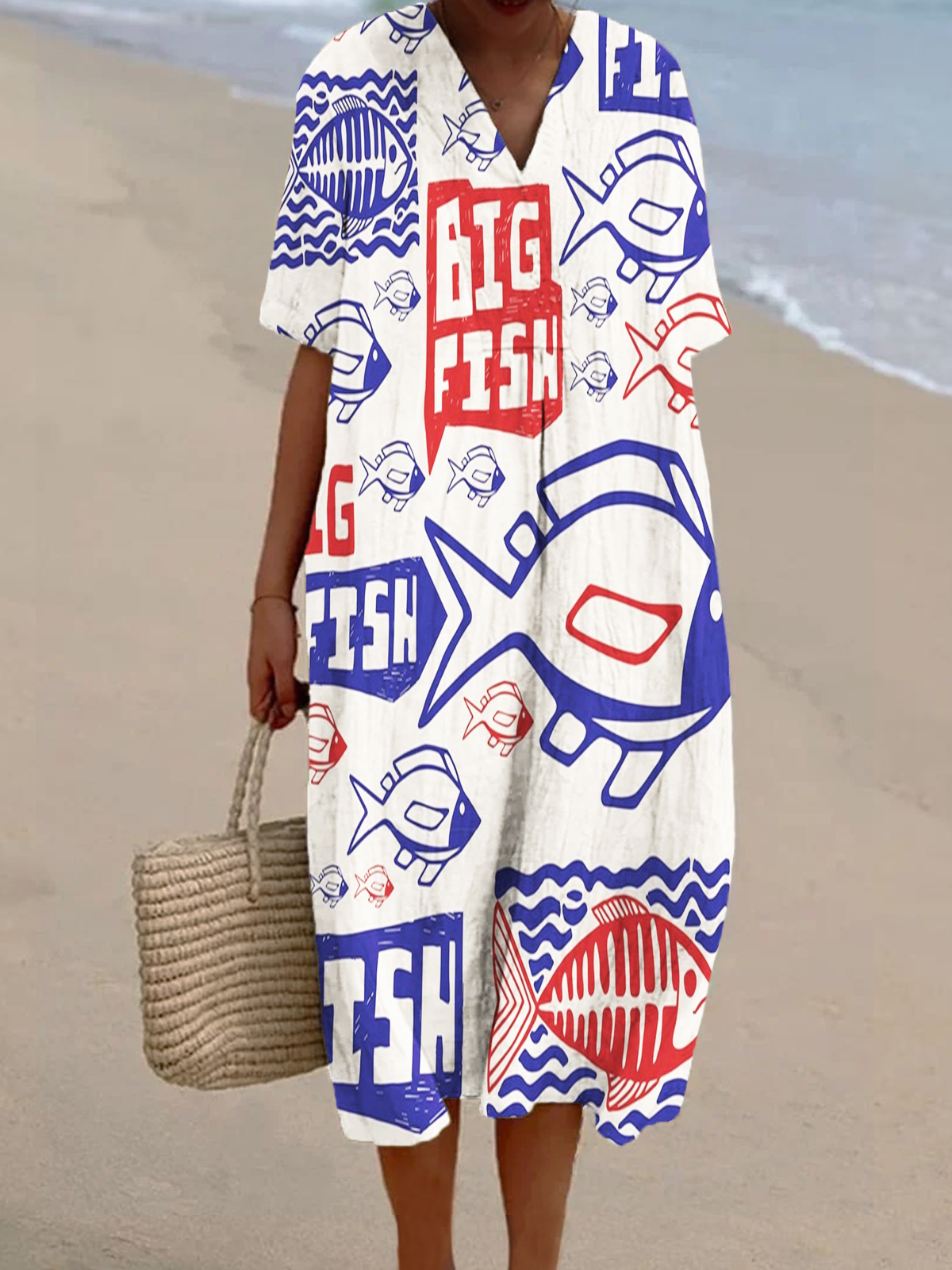Women's Big Fish Print Flowy Cotton And Linen Dress 