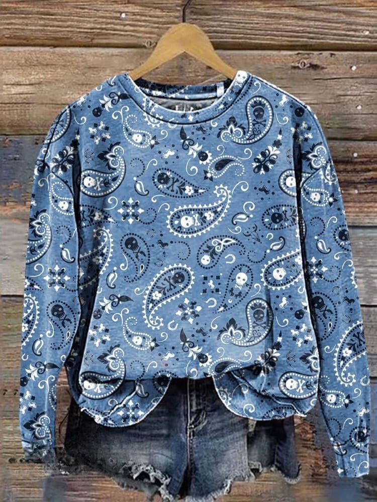 Skull and Paisley Art Print Casual Sweatshirt