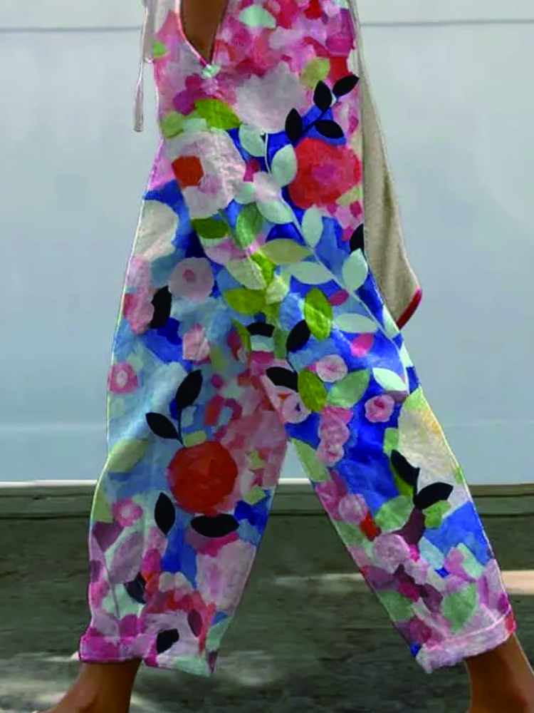 Women's Vintage Floral Art Printed 100%Cotton Casual Pants