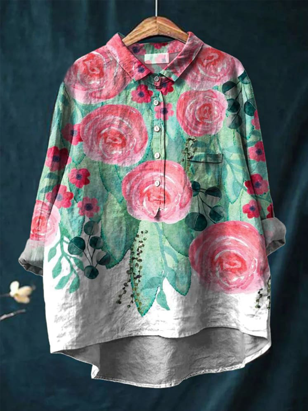 Vintage Lovely Floral Art Print Casual Cotton And Linen Shirt