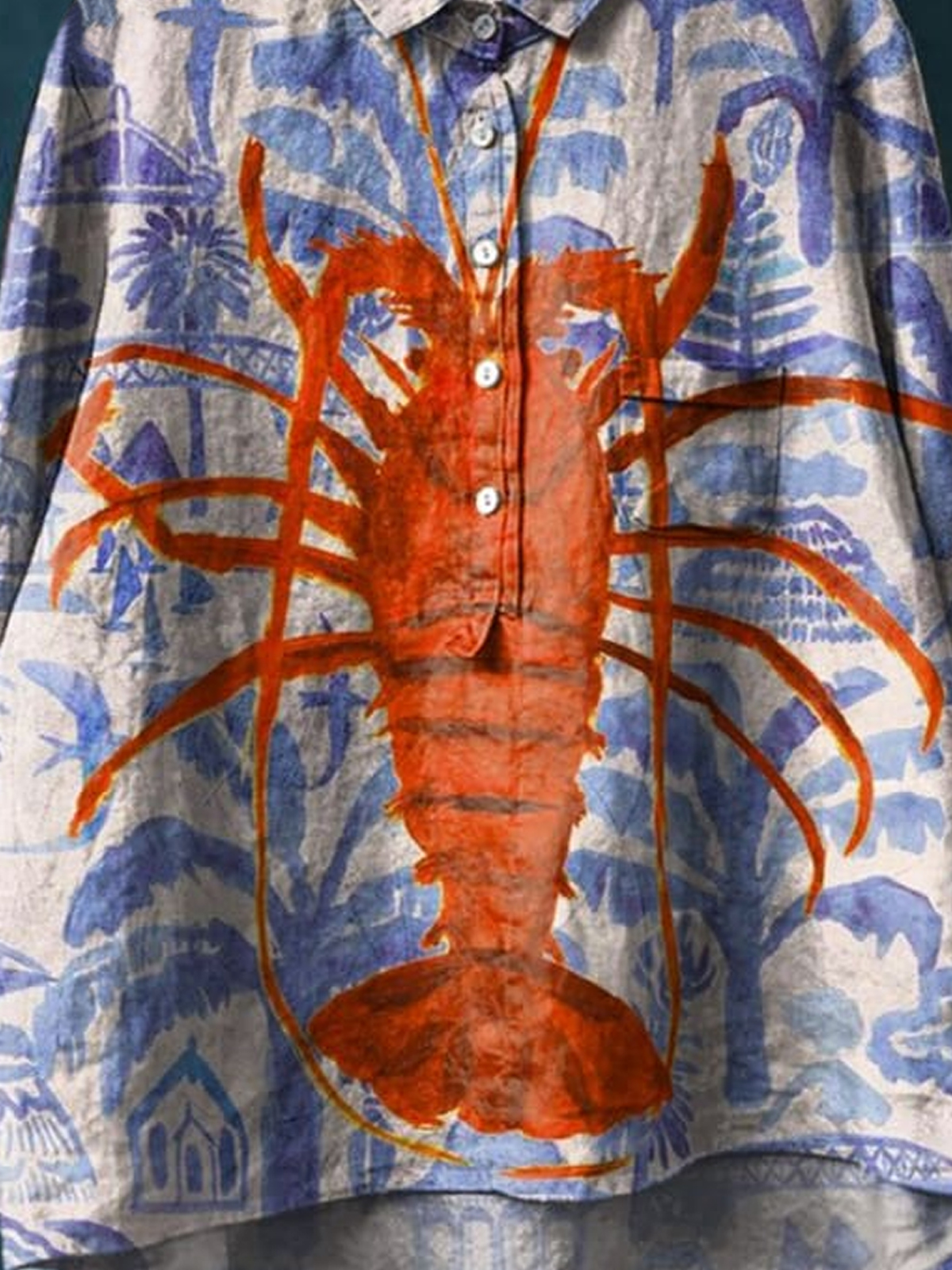 Vintage Lovely Lobster Art Print Casual Cotton And Linen Shirt