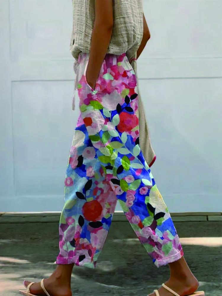 Women's Vintage Floral Art Printed 100%Cotton Casual Pants