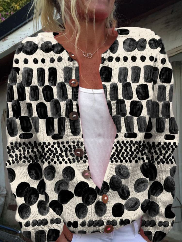 Simple Black and White Irregular Geometry Print Buttoned Cardigan Sweater