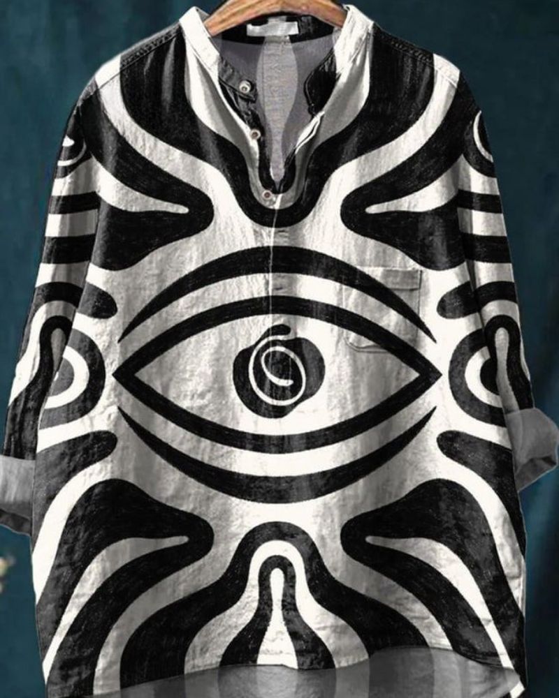 Abstract Eye Art Printed Women's Casual Long Sleeve Comfortable Cotton Shirt