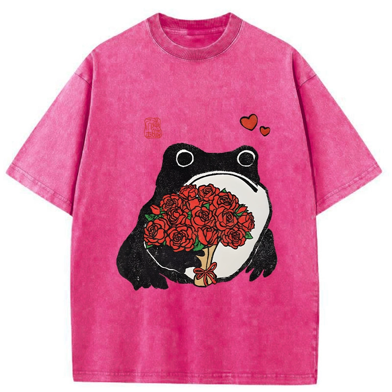 Romantic Frog Holding Roses Washed T-Shirt