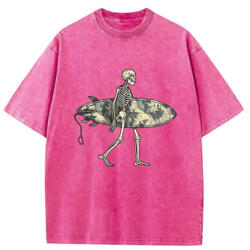   Skeleton Ready To Go Surfing Washed T-Shirt