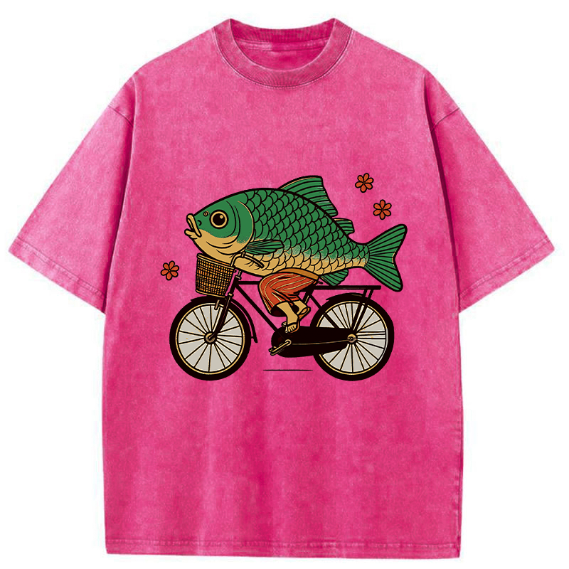 Funny Fish Riding A Bicycle Washed T-Shirt