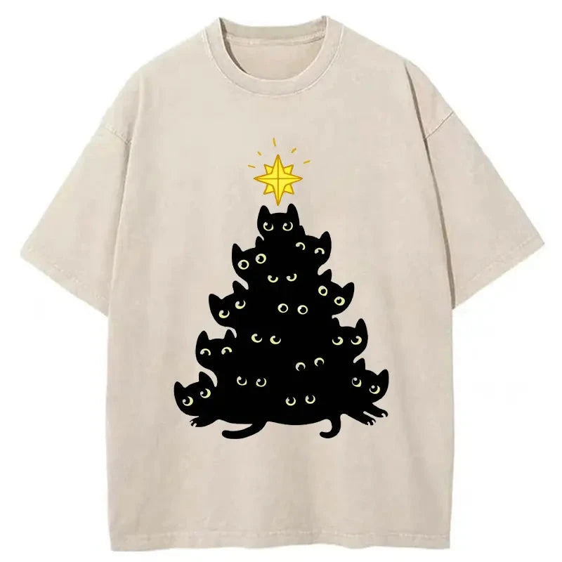   Black Cat Christmas Tree Washed T-Shirt