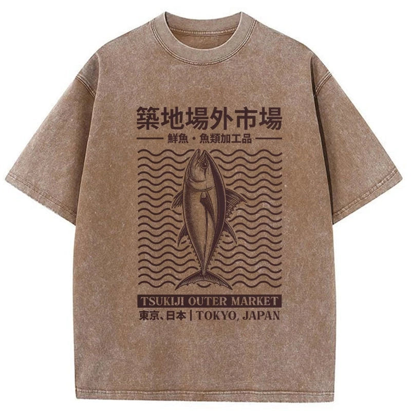 Wave Tokyo Tsukiji Fish Market Japan Washed T-Shirt
