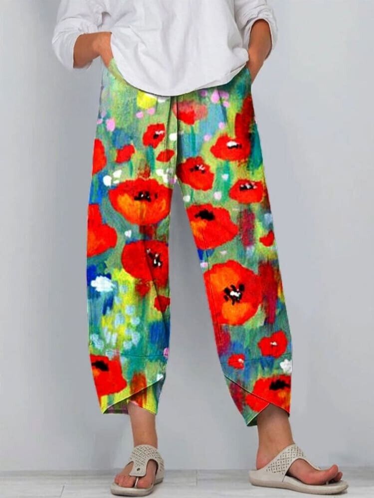 Women's Floral Art Printed Cotton And Linen Casual Pants
