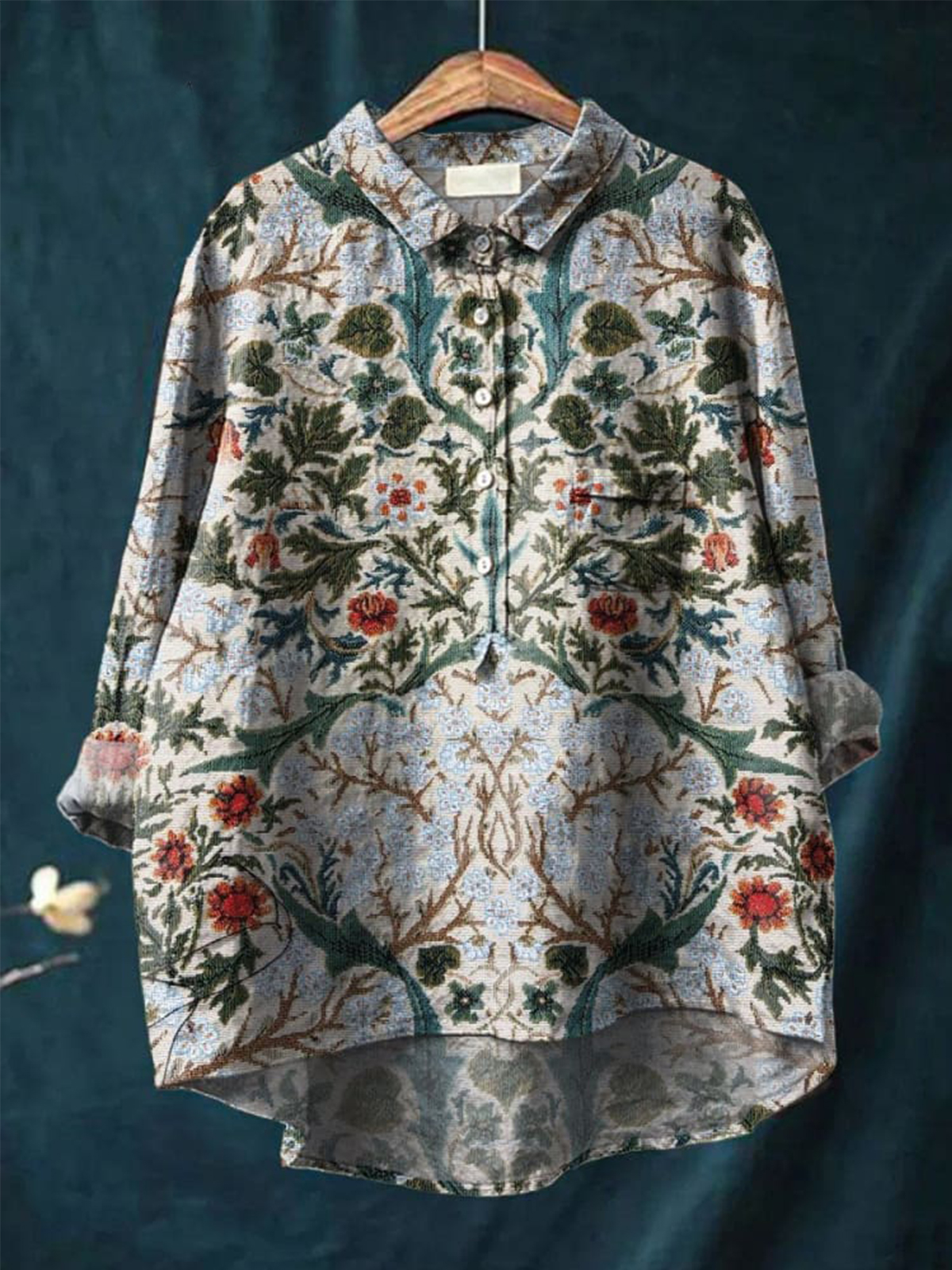 Vintage Floral Art Print Casual Cotton And Linen Shirt