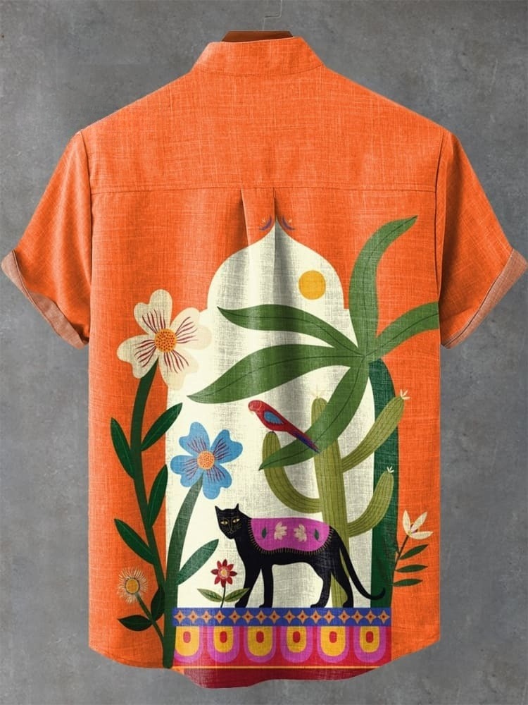 Plants In Front of Vintage Arch. Black Panther and Plant Decorative Pattern Casual Shirt