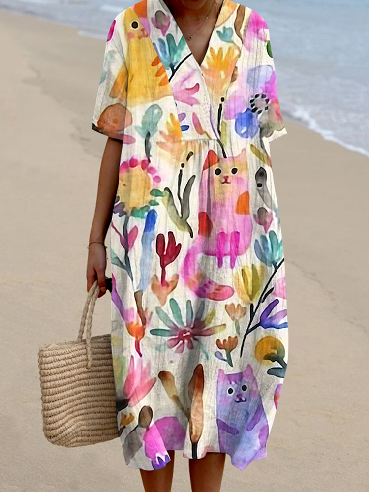 Women's Colorful Floral And Cat Art Dress