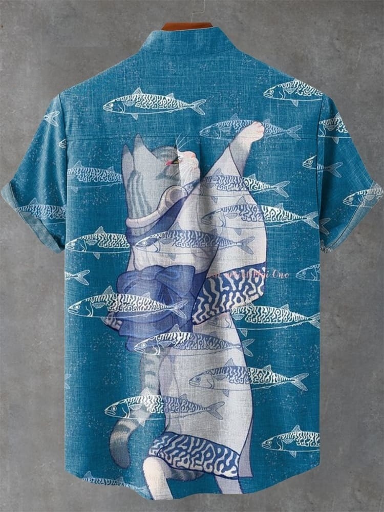 Japanese Kimono Cats and Fish Vintage Print Casual Shirt
