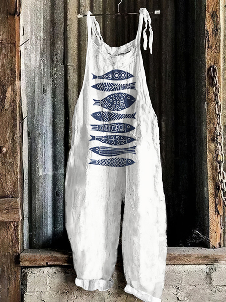 Vintage Japanese Art School Fish Print Loose Casual Jumpsuit