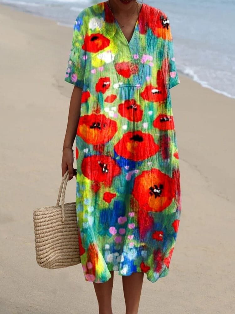 Women's  Floral Art Print  Flowy Dress