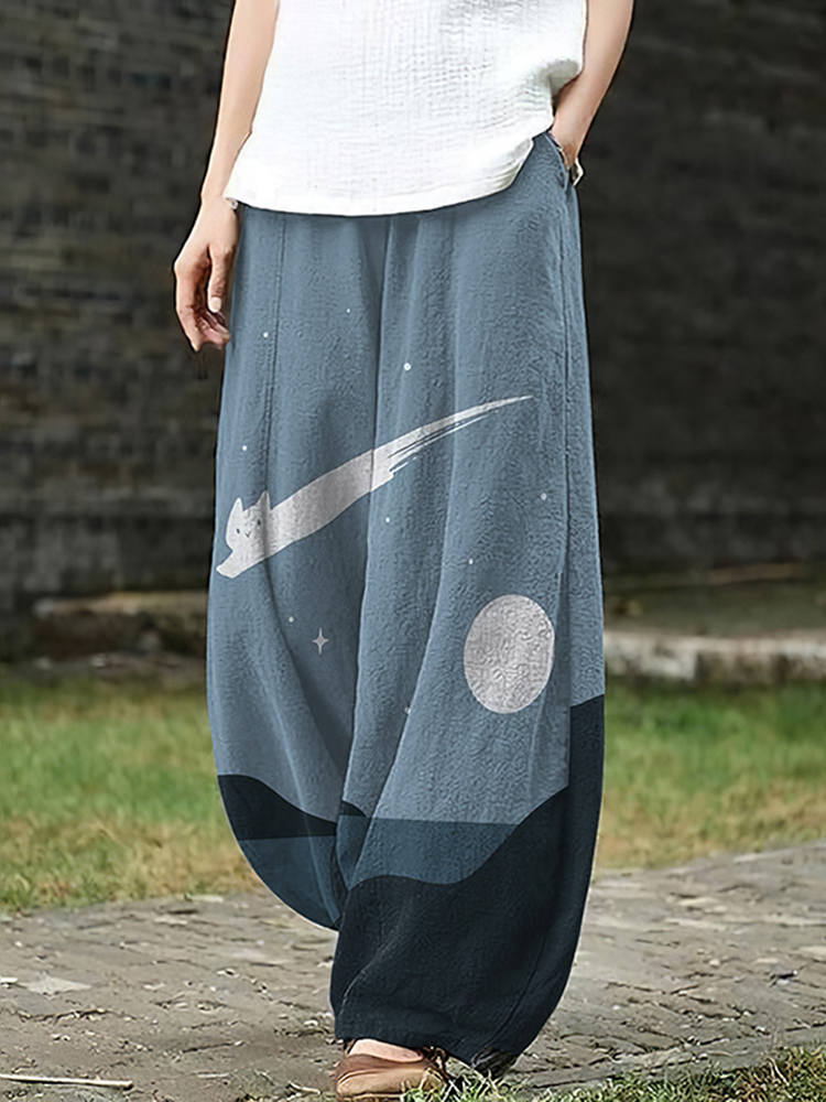 Women's Casual Loose Cat Landscape Art Print Pants