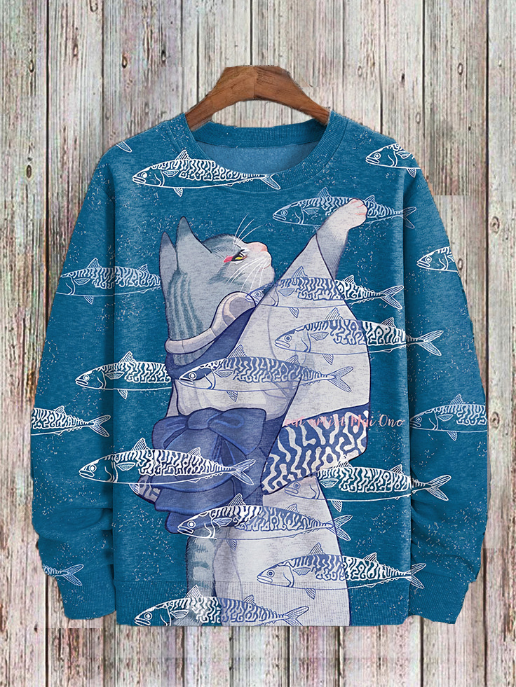 Sardine Fish Japan Kimono Cat Art Print Casual Sweatshirt
