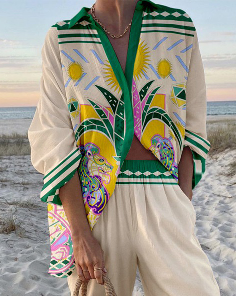 Fashion Lion Print Shirt & Pants Two-piece Set