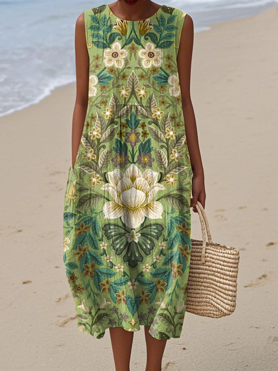 Women's Vintage Ethnic Floral Art Prints Sleeveless Cotton Pocket Wrap Dress