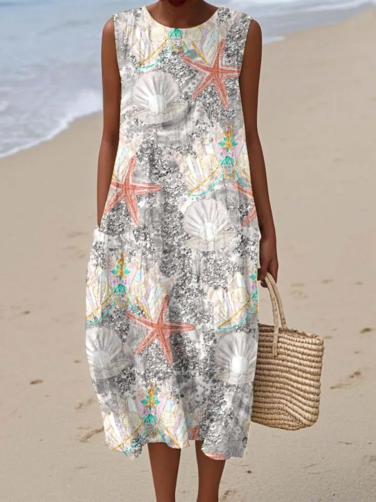 Women's Holiday Style Ocean Starfish Pattern Sleeveless Cotton Pocket Wrap Dress