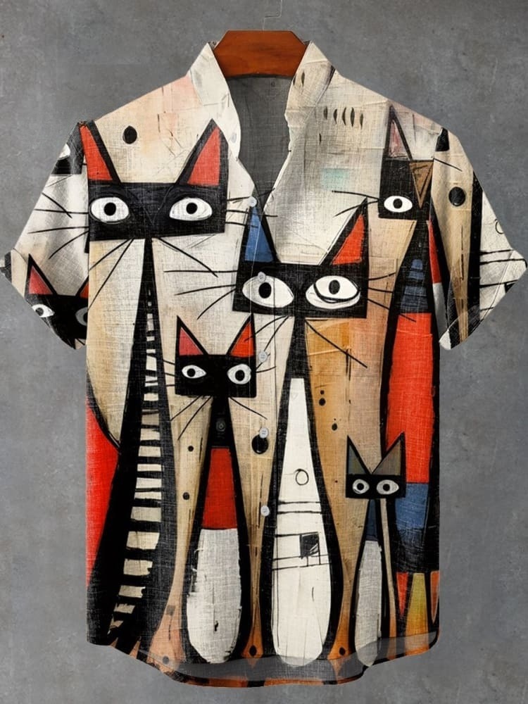 Vintage Cat Art Print Casual  Shirt