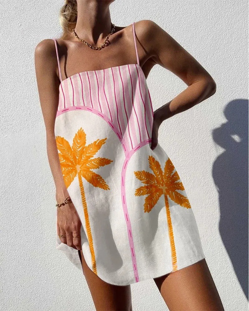 Chic Coconut Tree Print Sling Mini Dress