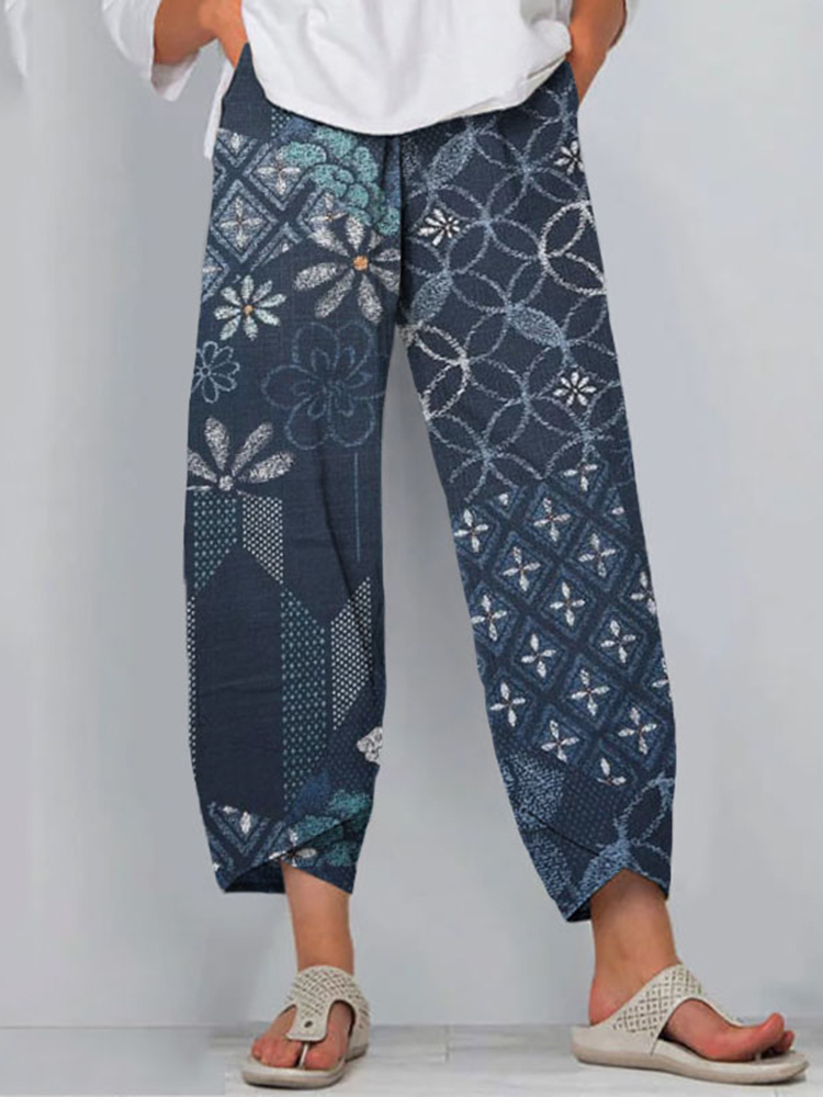 Vintage Japanese Indigo Blooming Traditional Sashiko Patchwork Art Cropped Casual Pants