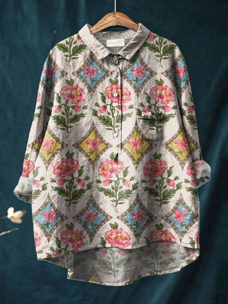 Women's Vintage Floral Art Print Casual Cotton And Linen Shirt