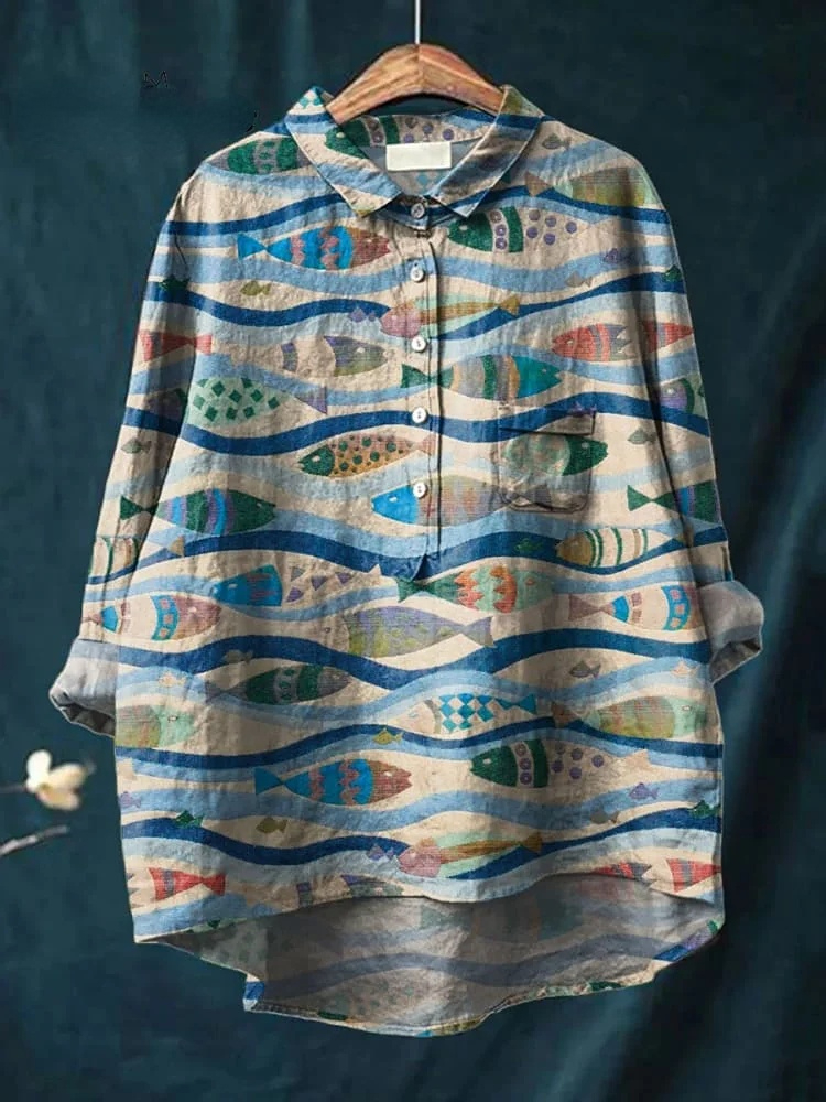 Vintage Lovely Fish Art Print Casual Cotton And Linen Shirt