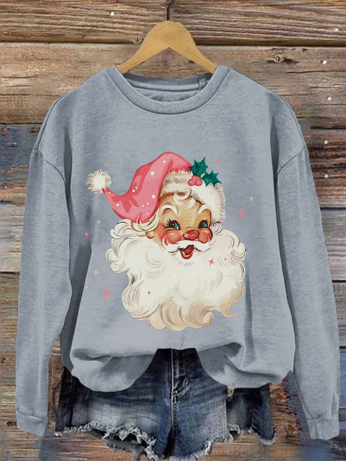 Pink Hat Santa Claus Printed Fleece-lined Unisex Sweatshirt