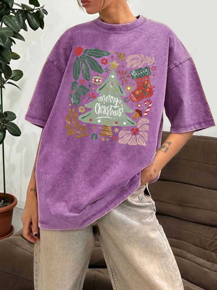 Vintage Merry Christmas Green Flora Washed T-Shirt