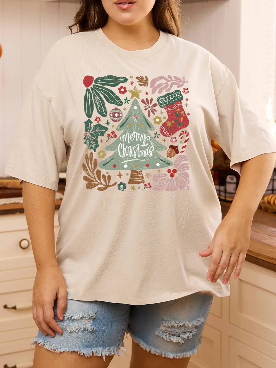 Vintage Merry Christmas Green Flora Washed T-Shirt