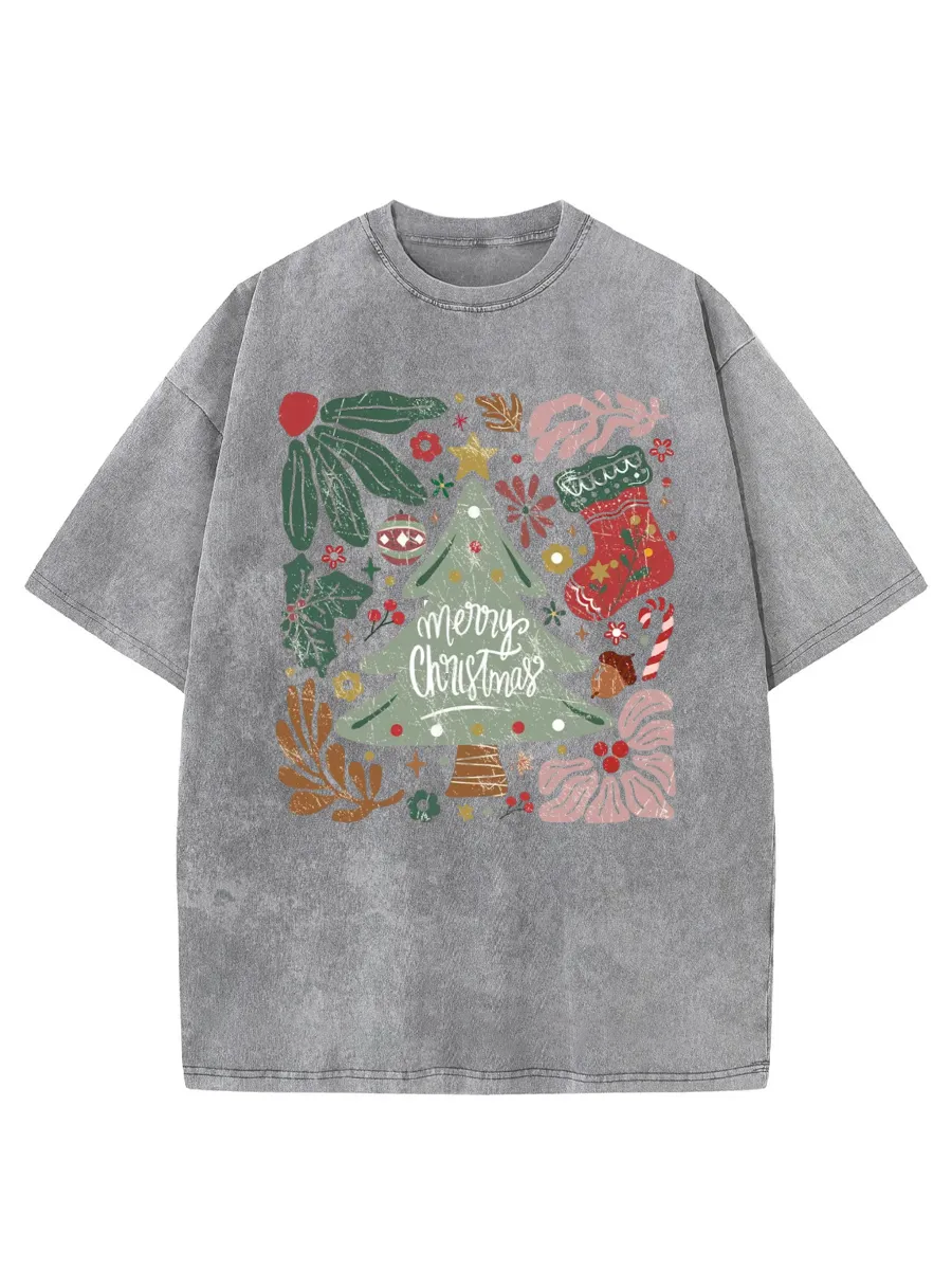 Vintage Merry Christmas Green Flora Washed T-Shirt