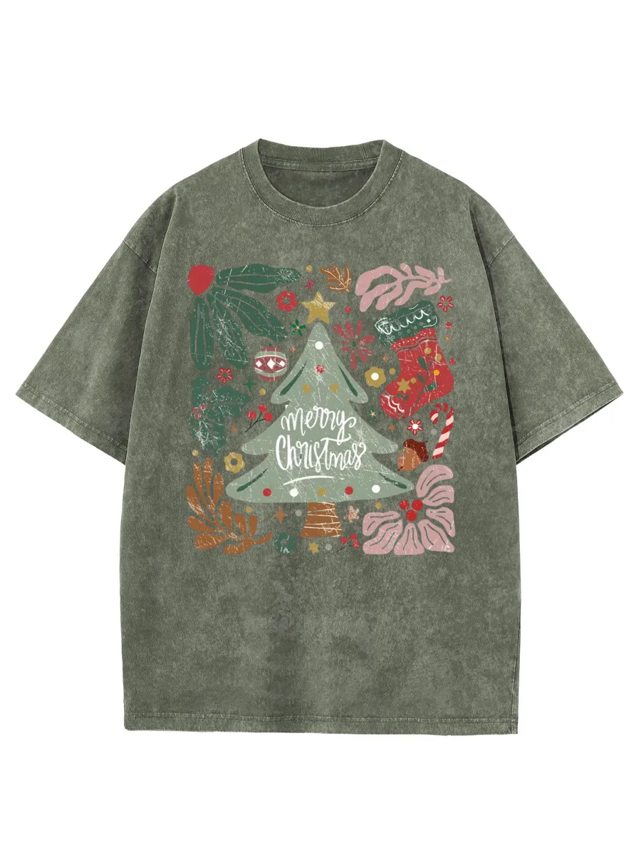 Vintage Merry Christmas Green Flora Washed T-Shirt