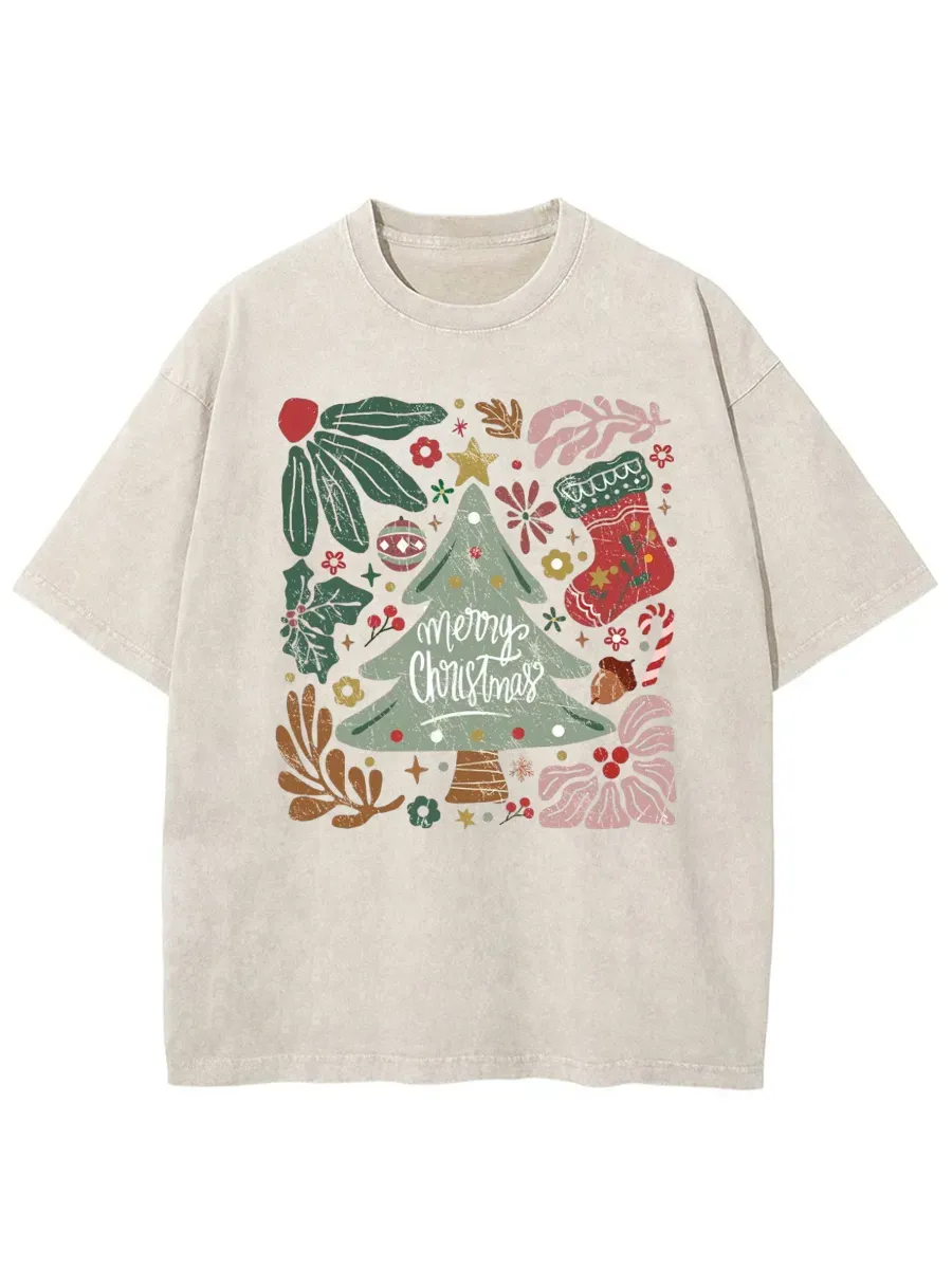 Vintage Merry Christmas Green Flora Washed T-Shirt
