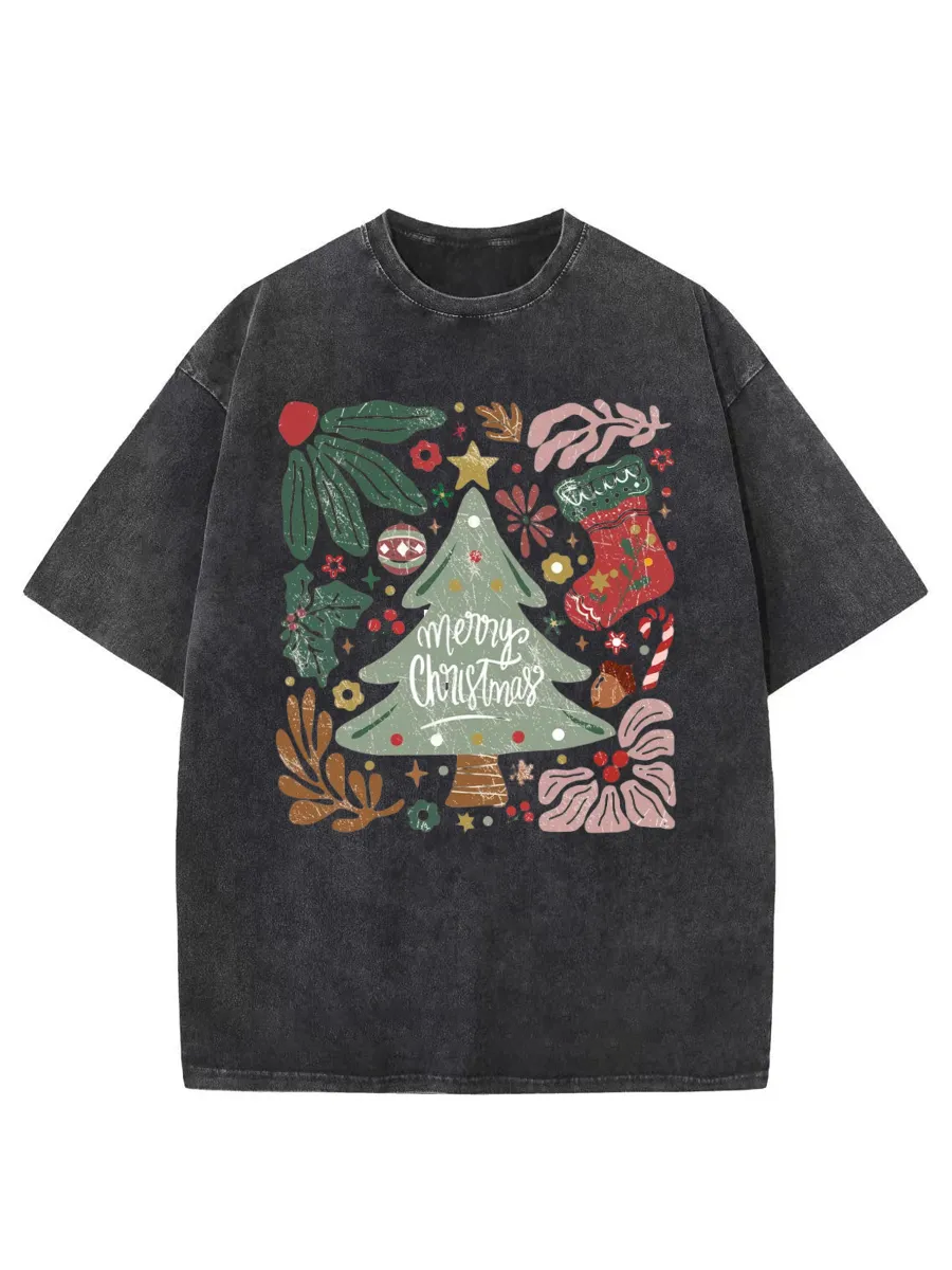 Vintage Merry Christmas Green Flora Washed T-Shirt