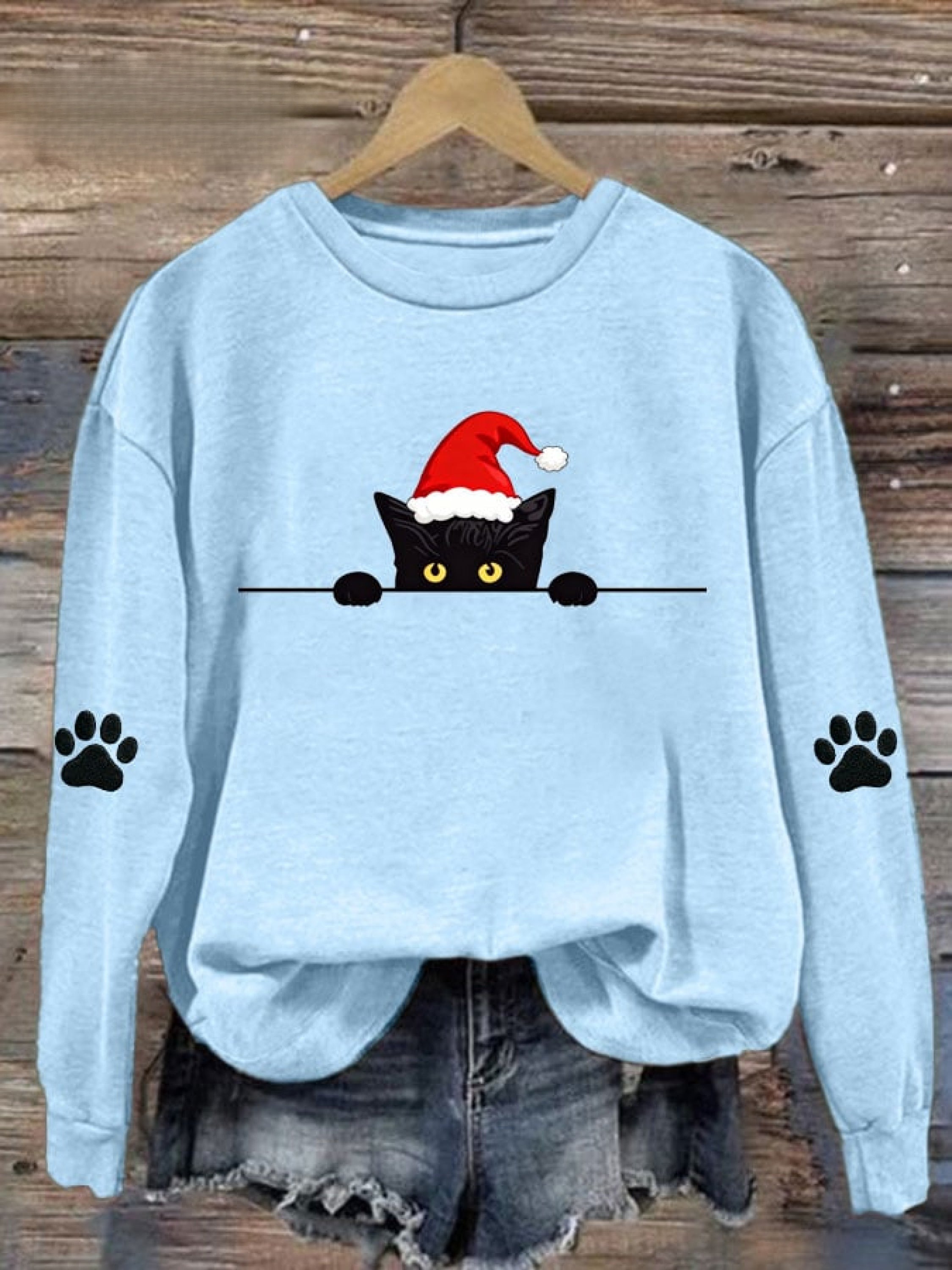 Women's Christmas Cat Printed Crew Neck Sweatshirt