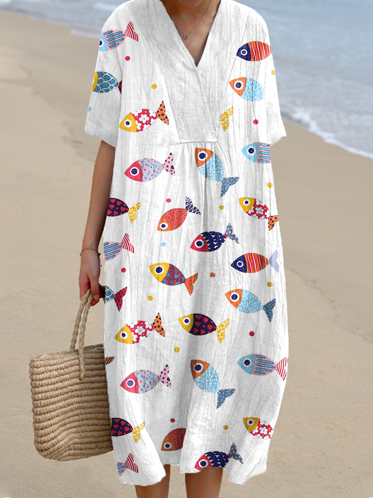 Women's Colorful Fish Pattern Linen Blend Dress