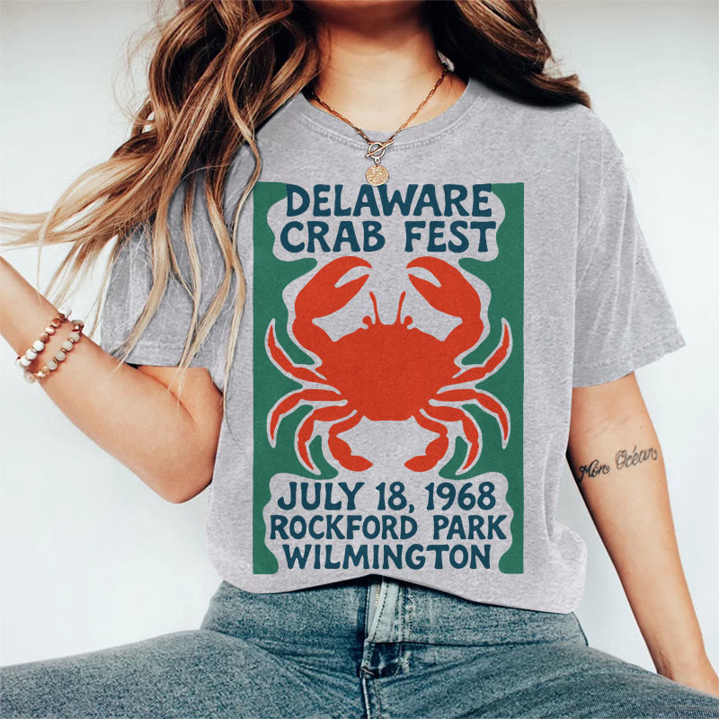 100% Cotton Women's Delaware Crab Fest  Art Print Casual T-shirt