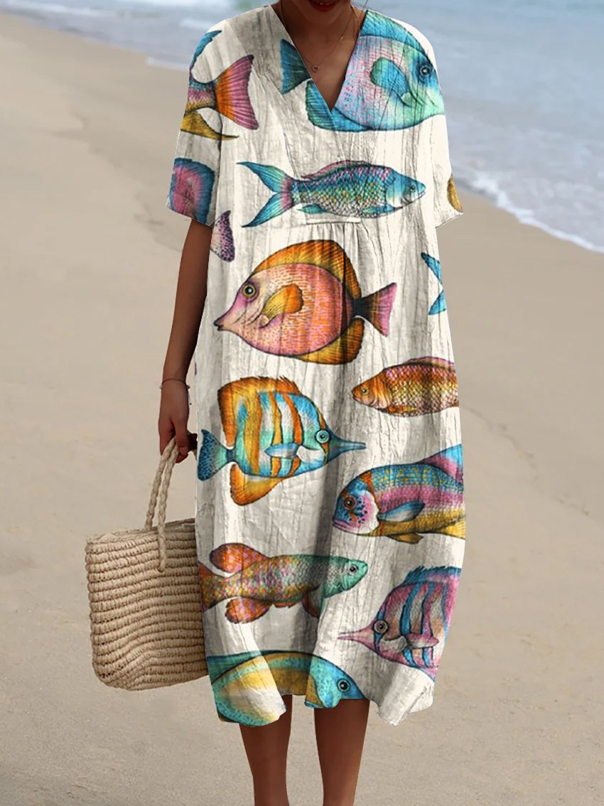 Women's Fish of Various Colors Watercolor Splash Fluid Art Print Flowy Dress