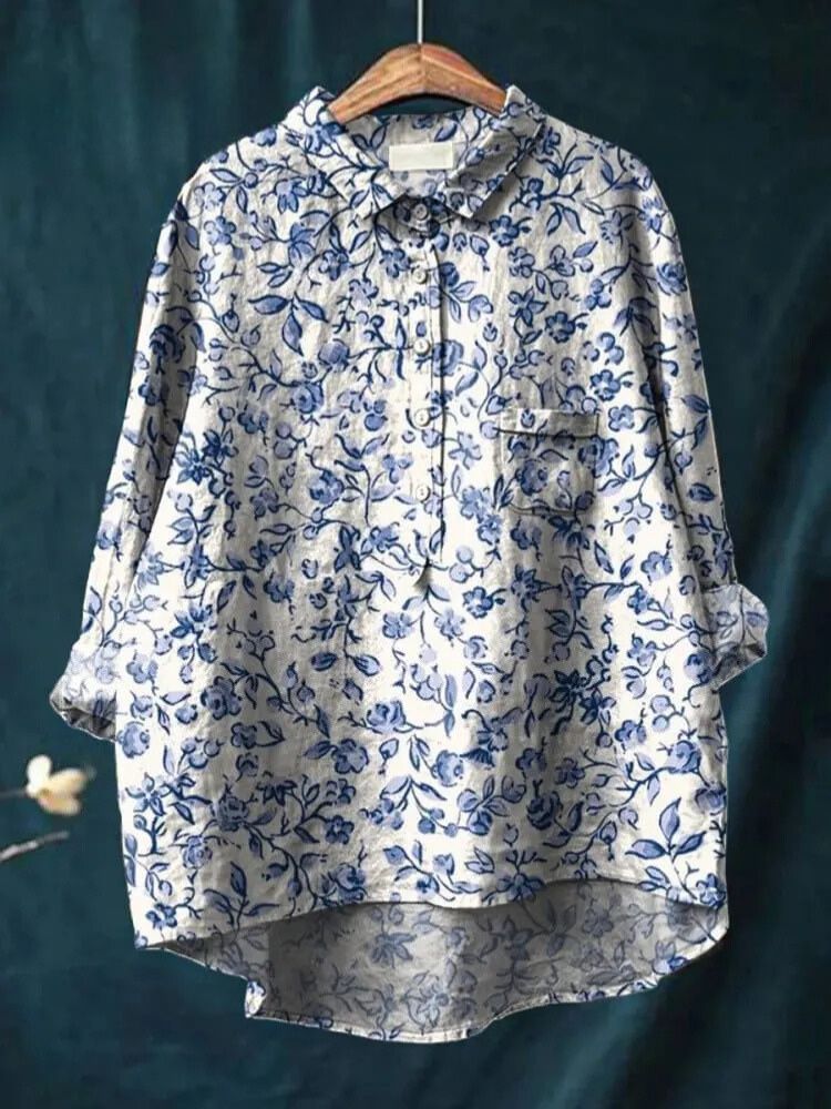 Women's Small Blue Flowers Print Casual Cotton And Linen Shirt