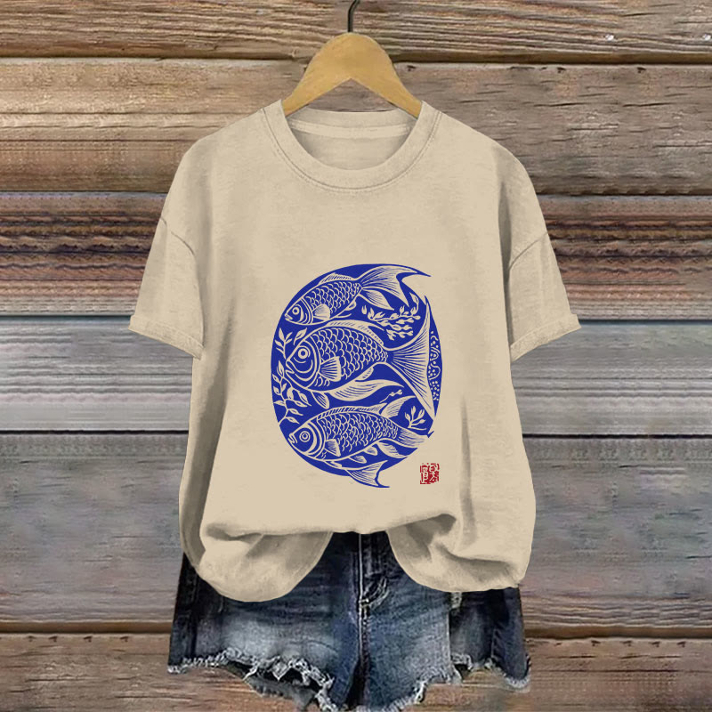 Dashingsoul Cotton Japanese Linocut Fish Art Print T-shirt