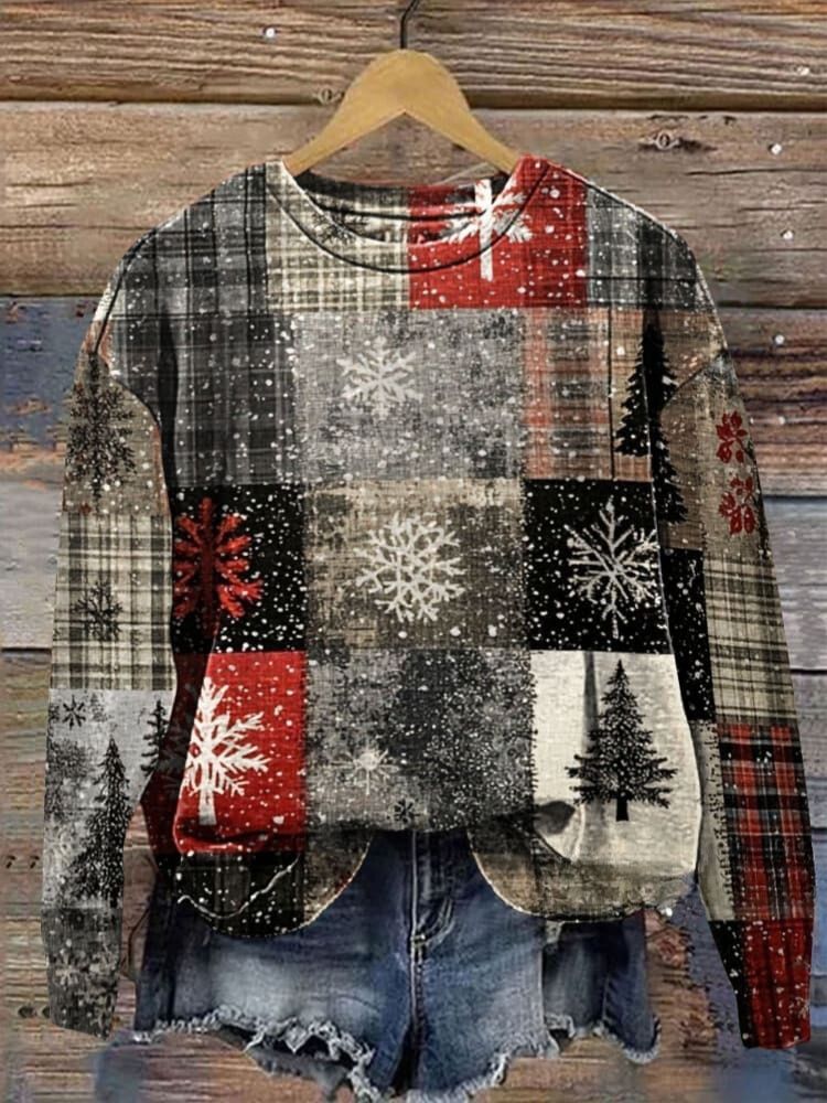 Retro Christmas Snowlakes Patchwork Art Prrint Casual  Sweatshirt