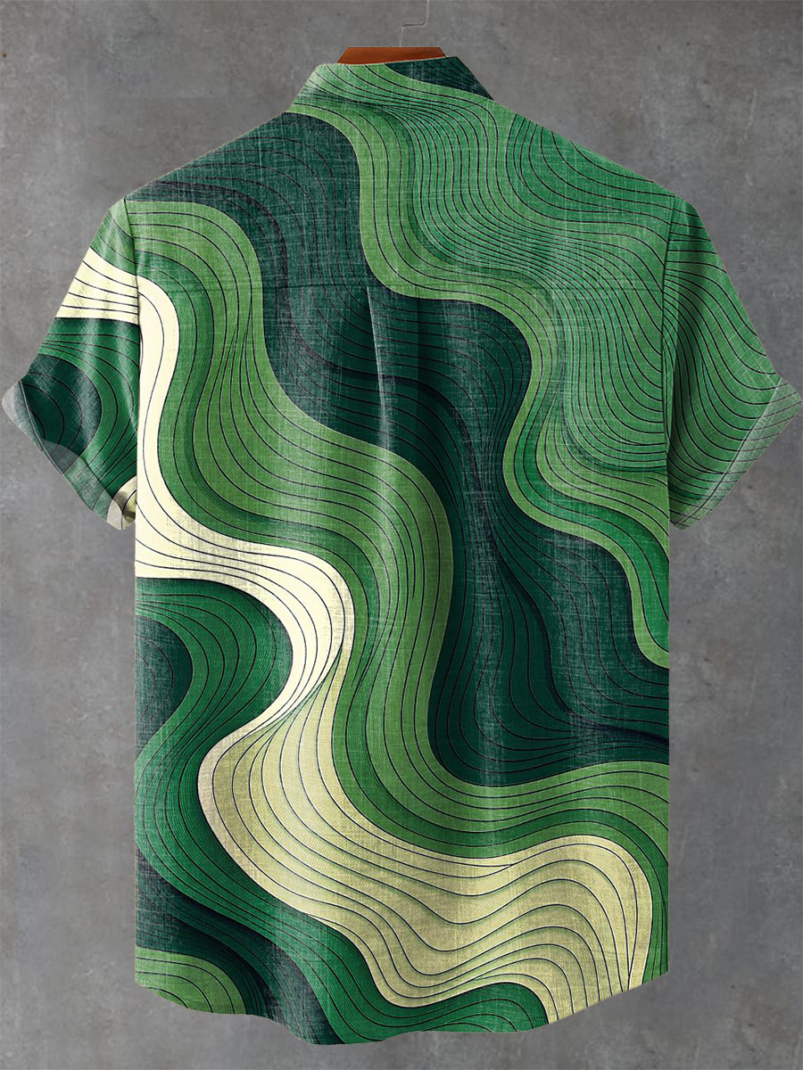 Green Geometric Abstract Gradation Stripes Vintage Print Casual Shirt