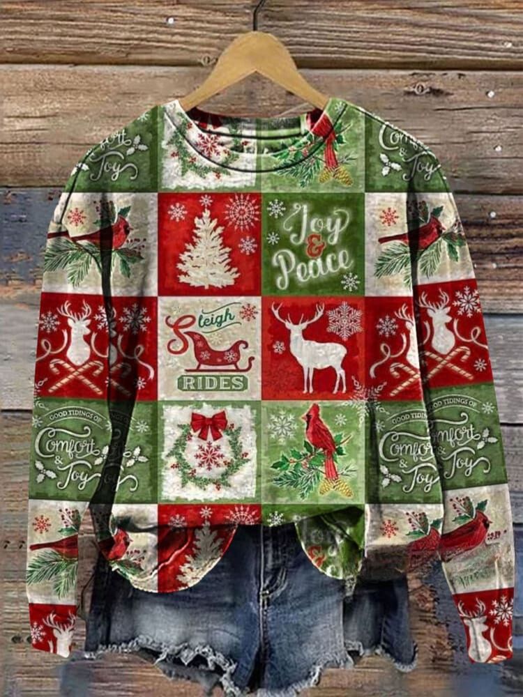 Retro Christmas Patchwork Art Prrint Casual  Sweatshirt