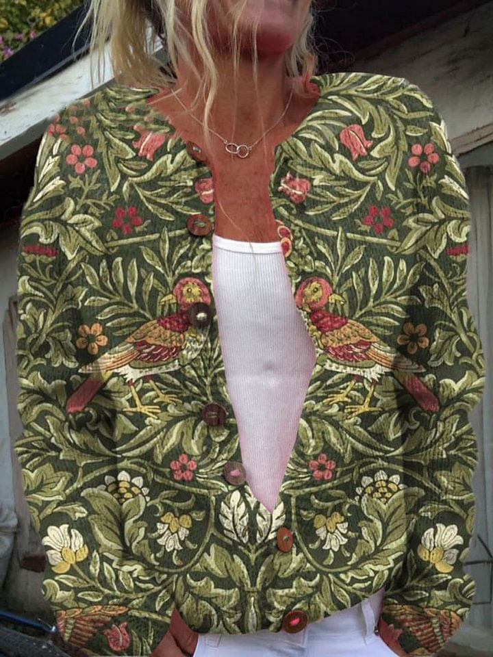 Women's Vintage Lovely Floral Birds Art Print Buttoned Cardigan Sweater