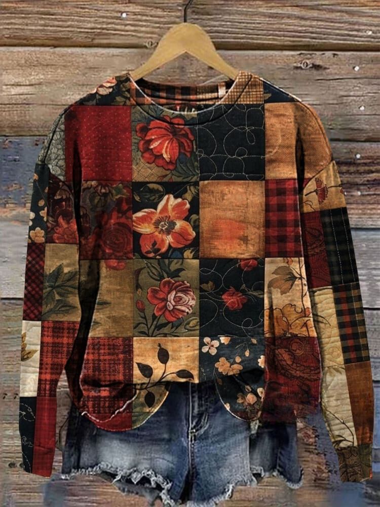 Retro Floral Patchwork Art Prrint Casual  Sweatshirt
