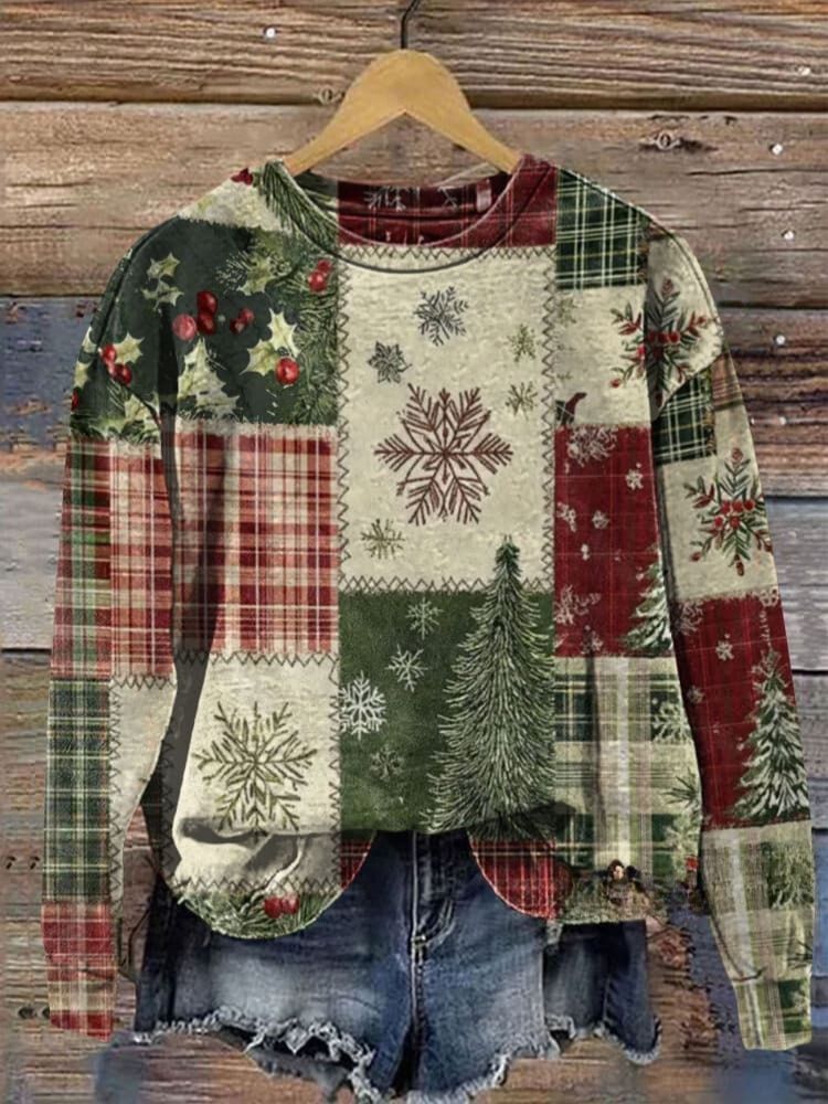 Vintage Christmas Patchwork Art Print Casual  Sweatshirt